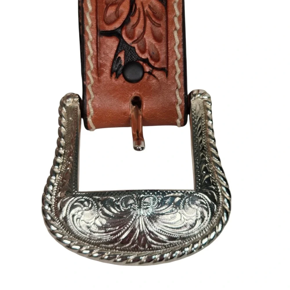 New Tony Lama Belt Mens 38 Brown Floral Tooled Leather Western Silver Buckle